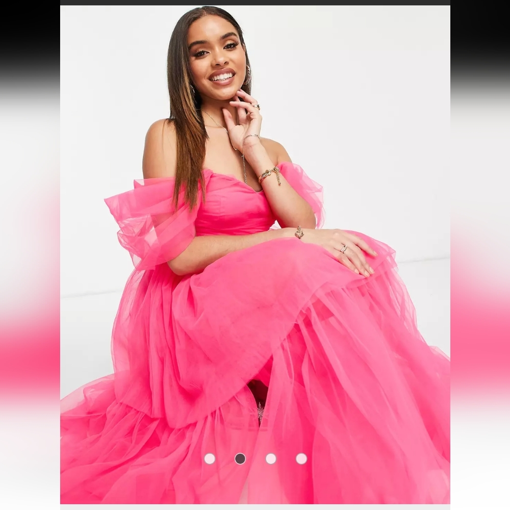 Lace & Beads off shoulder tulle maxi dress in bright pink - Picture 4 of 5